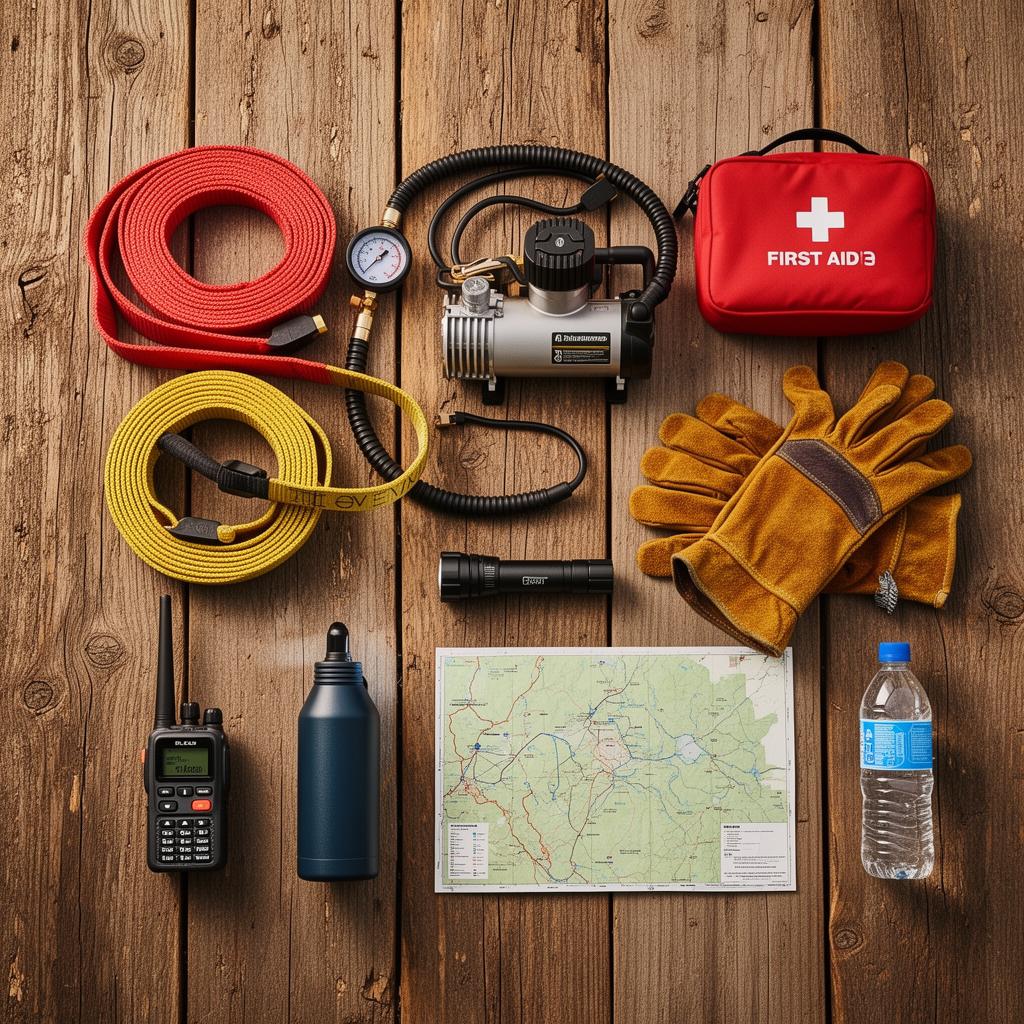 Cinta de reboque, luvas, lanterna e garrafa de água preparados para um passeio de jipes