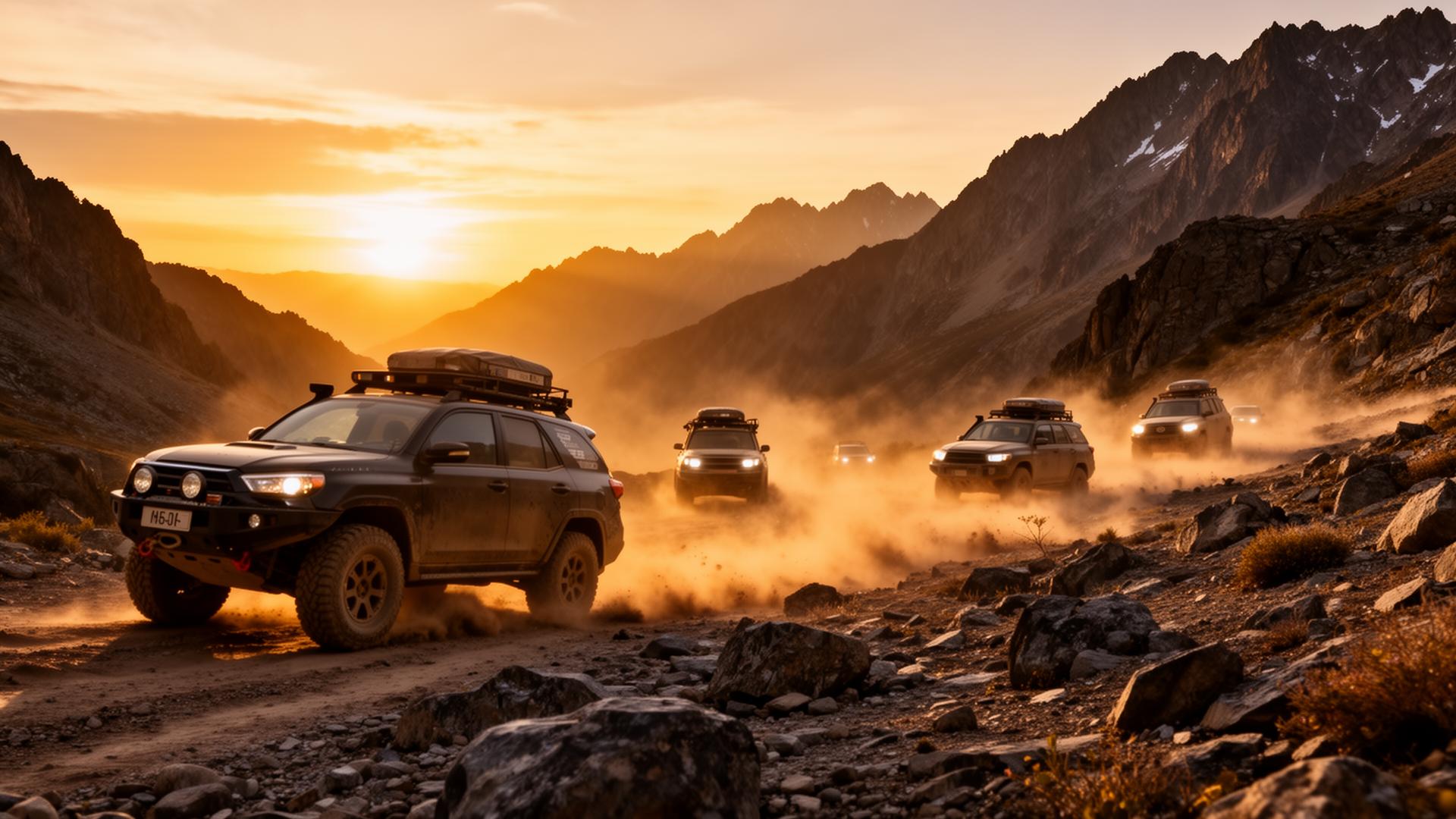 Veículos 4x4 em trilho off-road com paisagem montanhosa